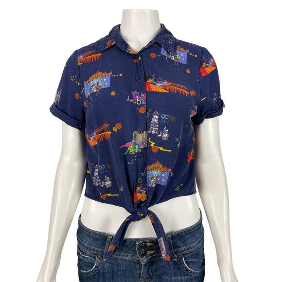 Her Universe Disney Pixar Coco Womens Tie Front Woven Top Small Blue Button Down - Picture 1 of 7